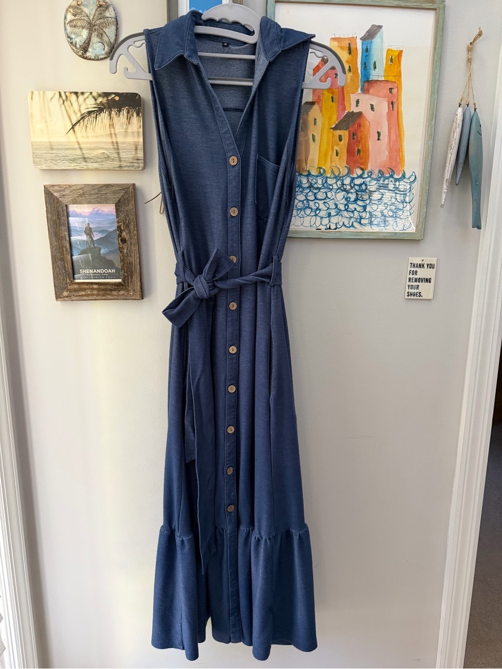 Ouges Sleeveless Button-Front Maternity Maxi Dress with Tie Waist - Blue